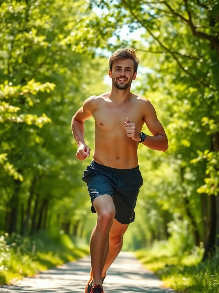 A runner is training on a forest trail, with sunlight filtering through the trees, showcasing a personalized trail running program.