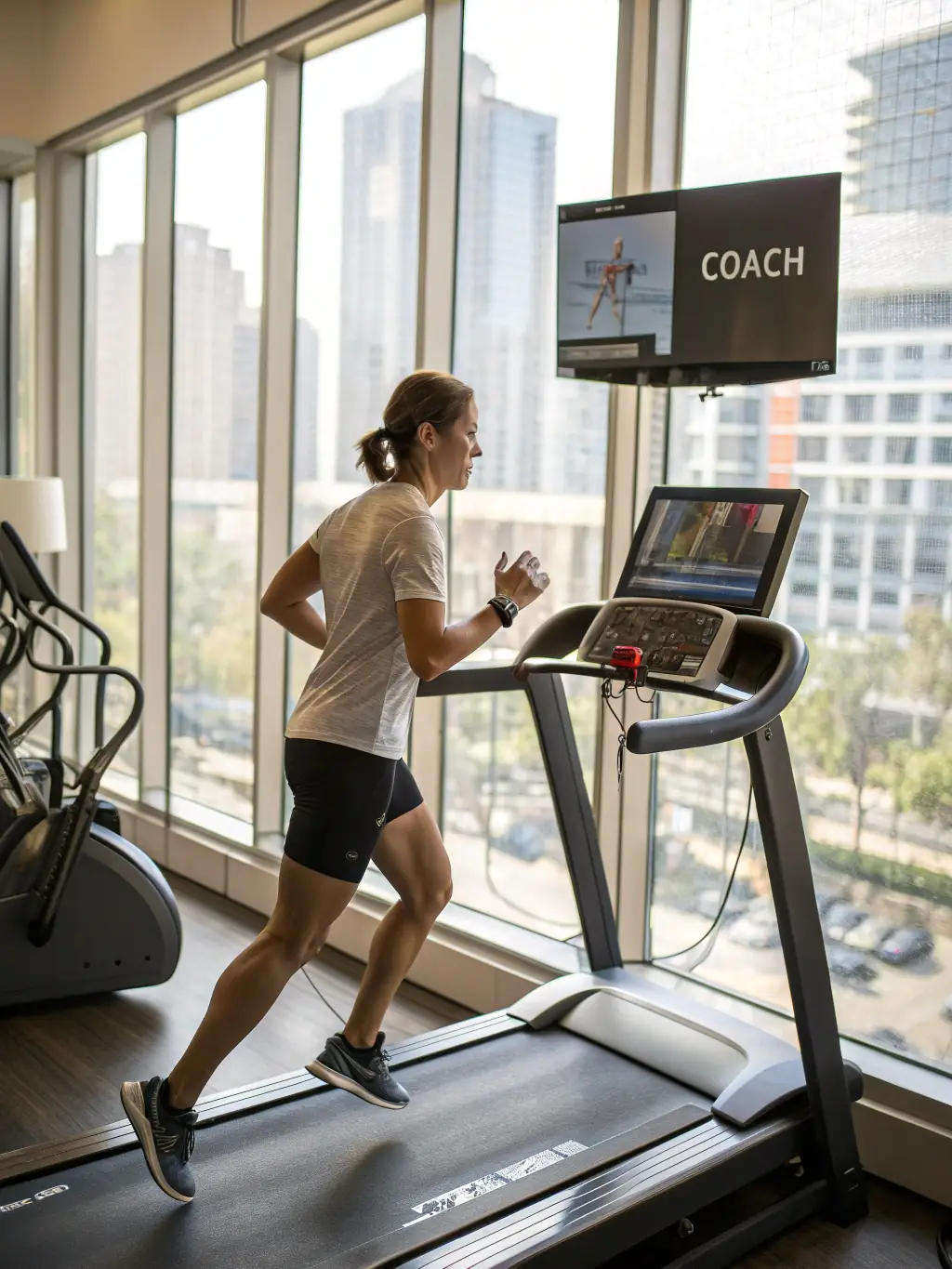 A runner receiving personalized coaching feedback on their running form, using video analysis and expert observation.
