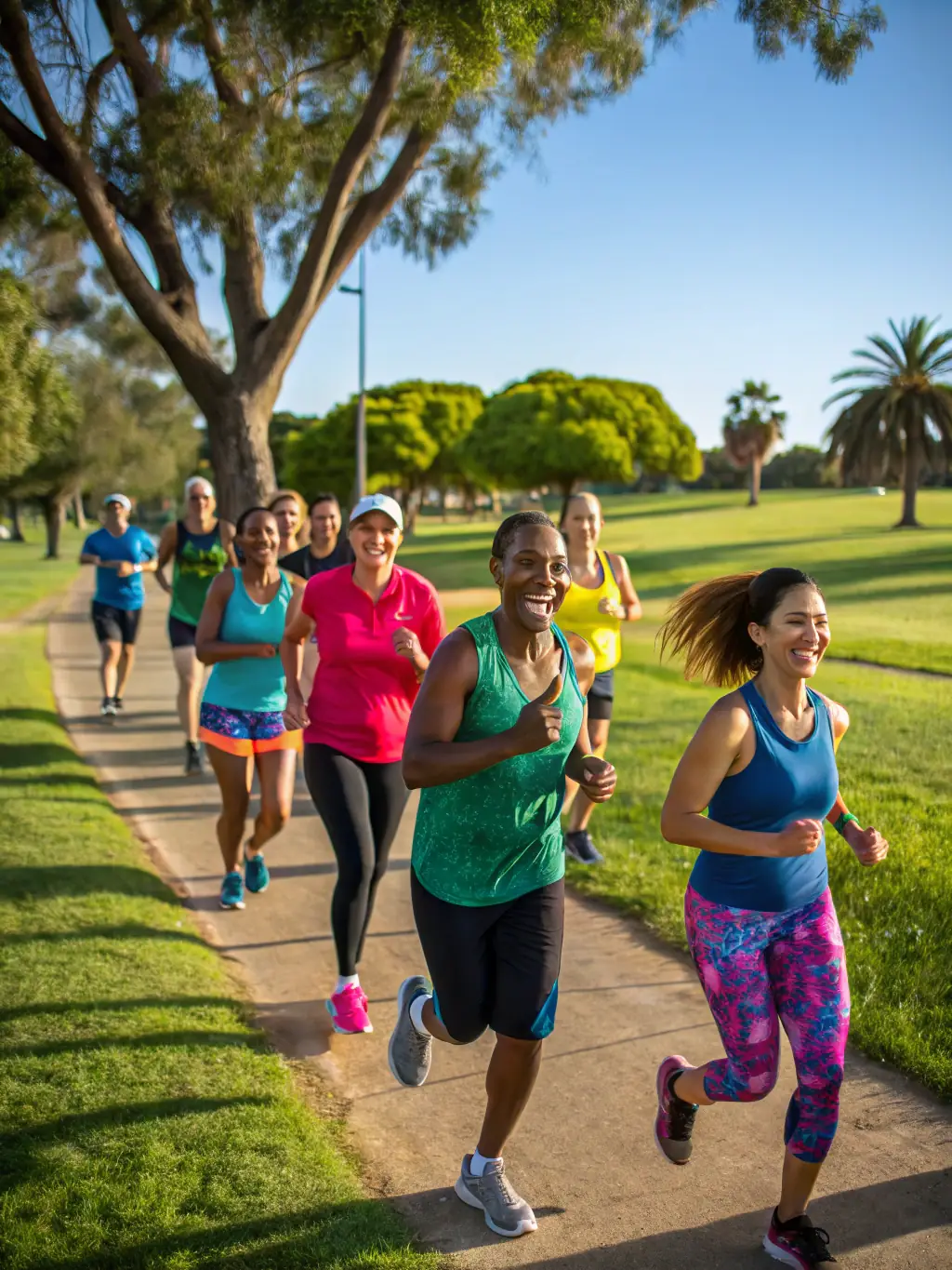 A group of runners participating in a guided trail run, showcasing camaraderie and the beauty of nature.
