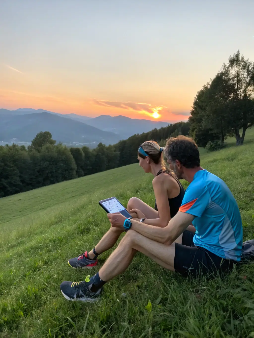 A coach is providing real-time feedback to a runner during a road running session, using a tablet to analyze performance metrics.