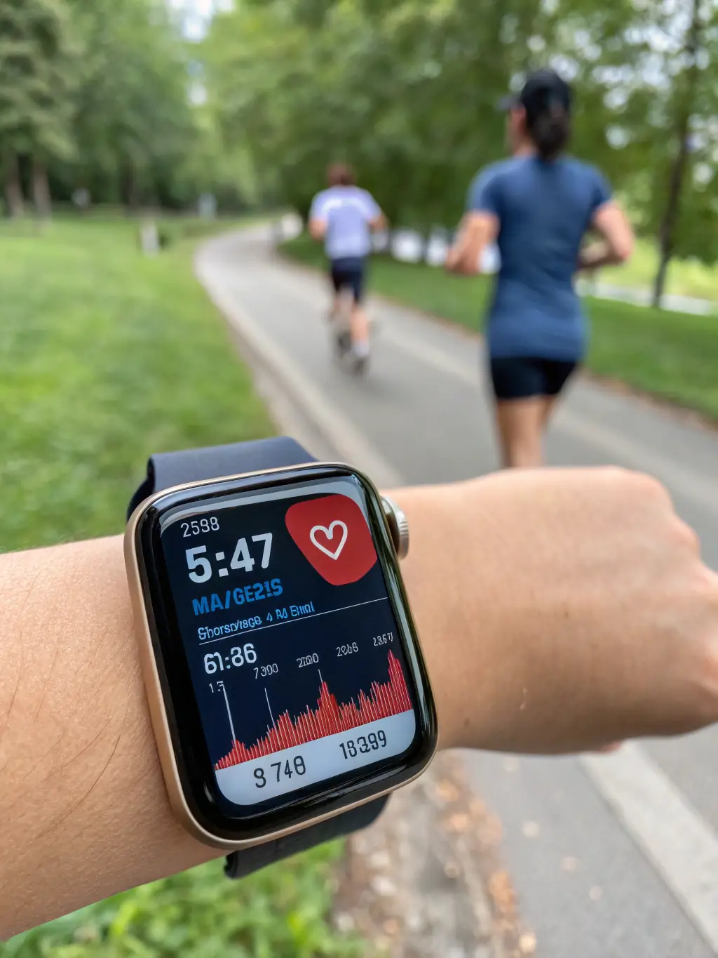 A runner using a smartwatch to track their pace and heart rate during a training session, with the backdrop of a scenic mountain trail.