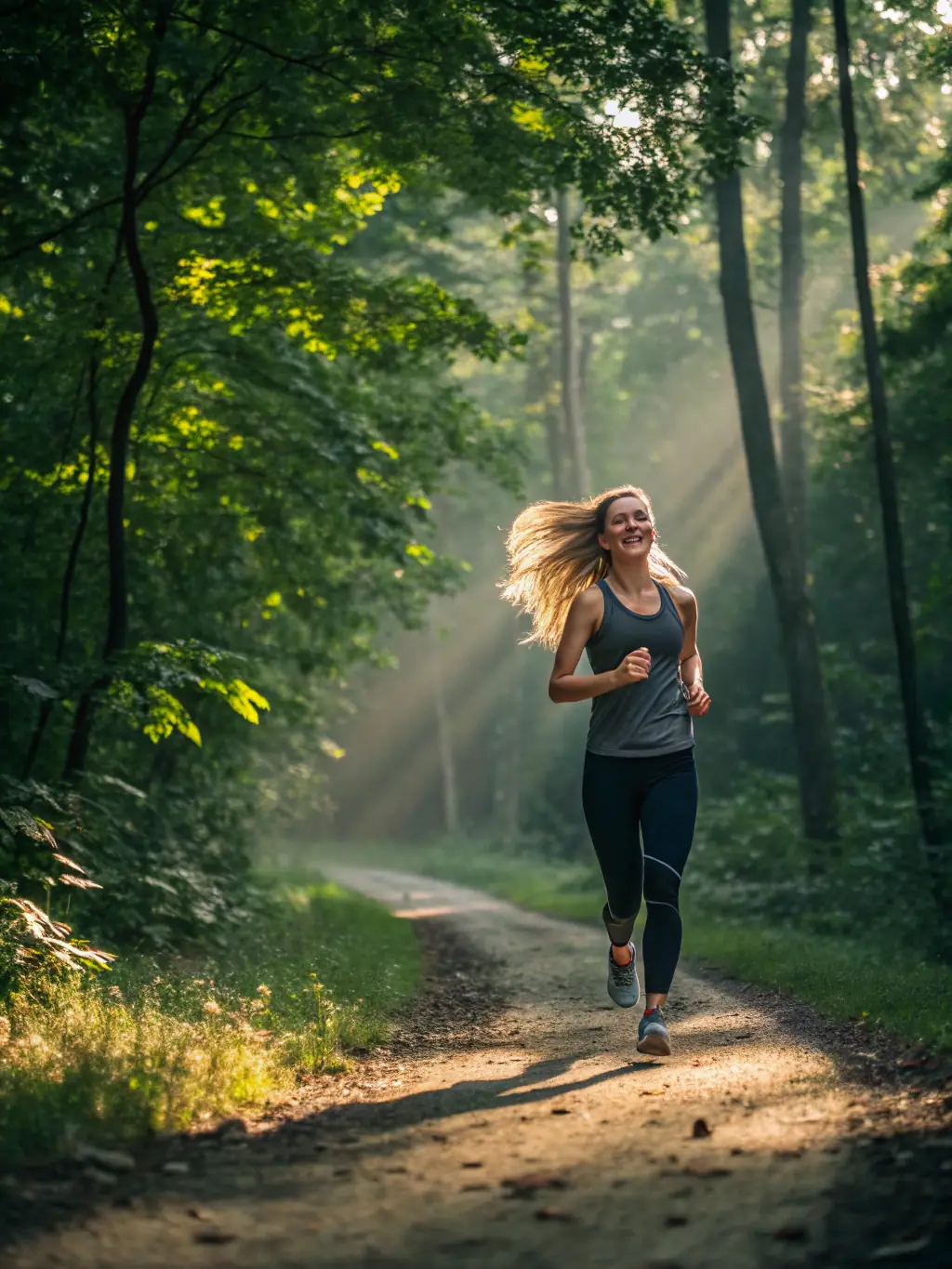 A runner training on a forest trail, focusing on uphill running technique, wearing appropriate trail running shoes and gear.