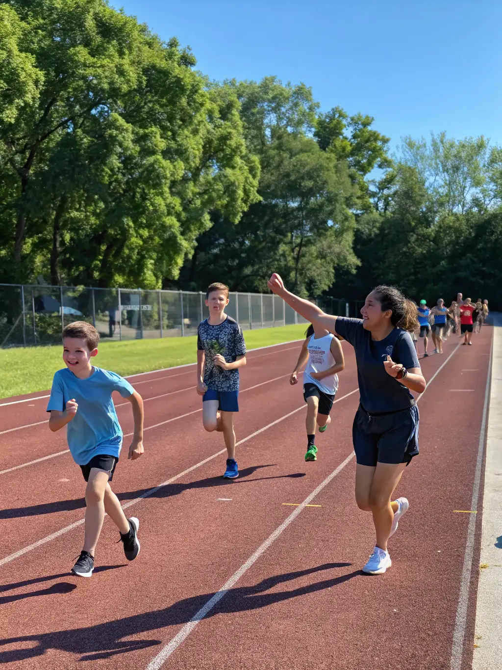 A group of runners are stretching and warming up before a road race, guided by a coach.